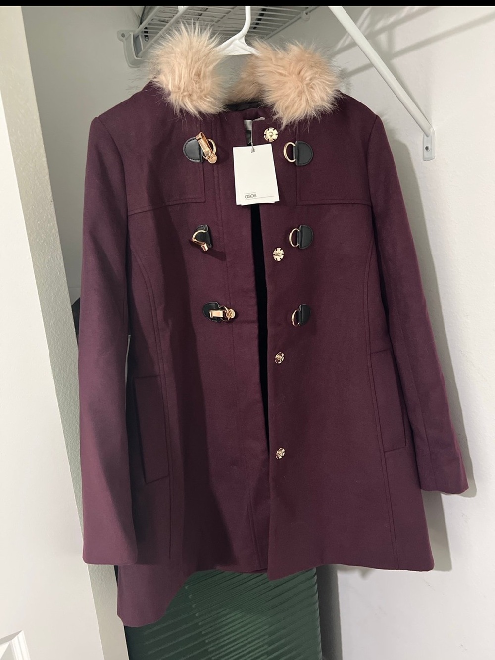 NEW! ASOS Burgundy-Purple Toggle Pea Coat with Faux Fur Hood- Sz. Small (US 6).